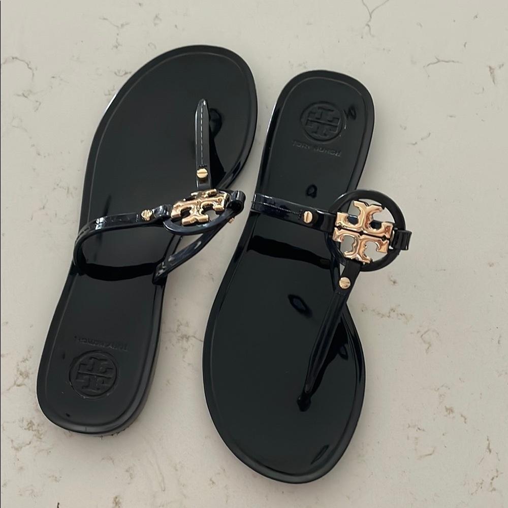 Tory Burch Black Sandals with Gold Accents
